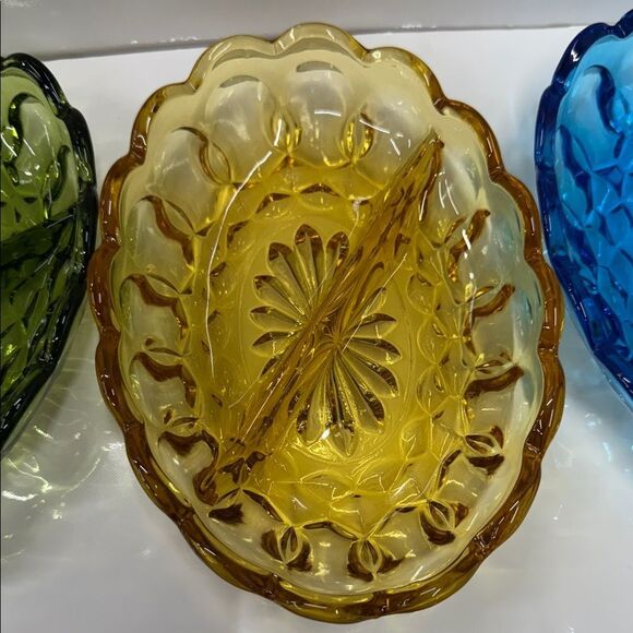 Set of Three Anchor Hocking Fairfield Pattern Laser Blue Oval Divided Dish - Picture 3 of 4